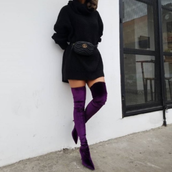 purple velvet thigh high boots